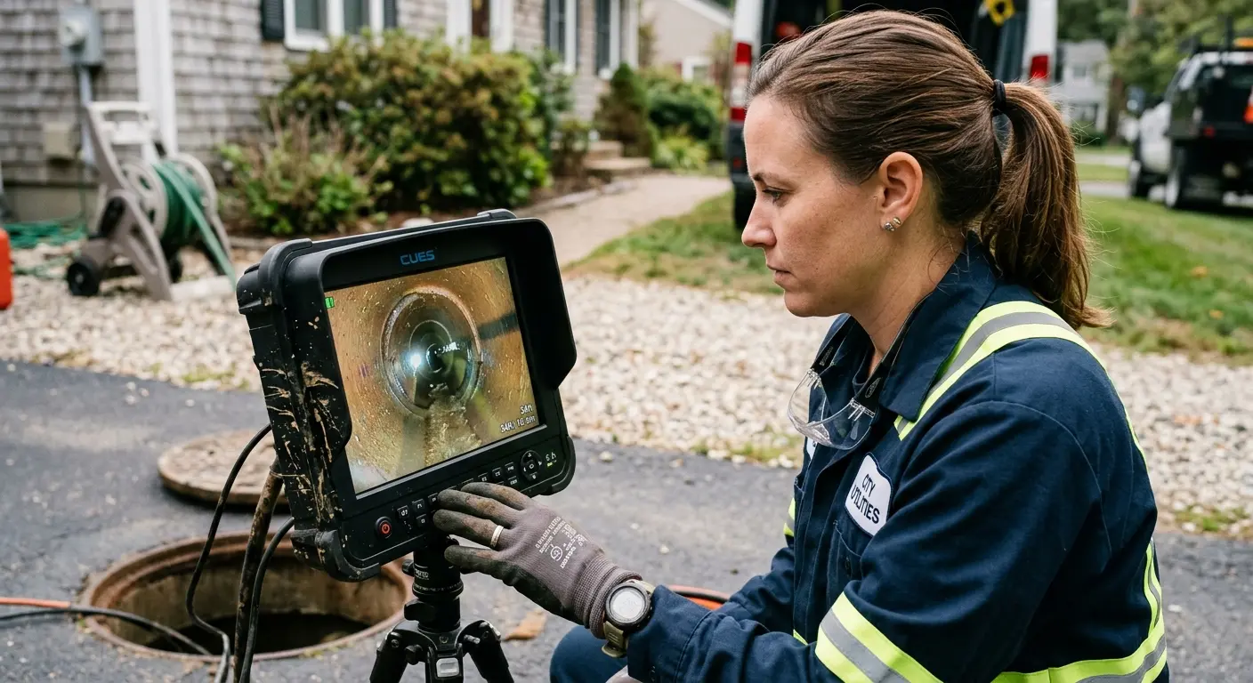 Technician reviewing sewer camera inspection footage in Palermo