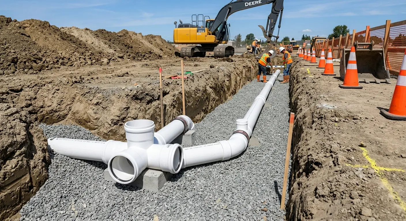 New PVC sewer pipe installation in open trench for Sewer Backup in Palermo