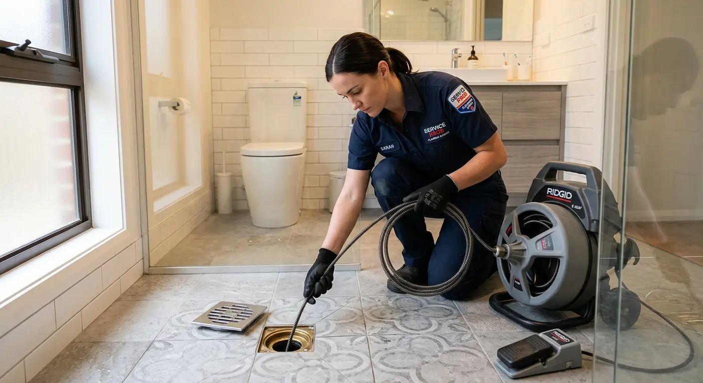 Technician clearing a bathroom floor drain for Drain Cleaning in Palermo